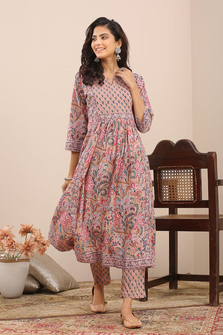 Brown Pink Hand Block Printed A Line Kurta - Tahiliya