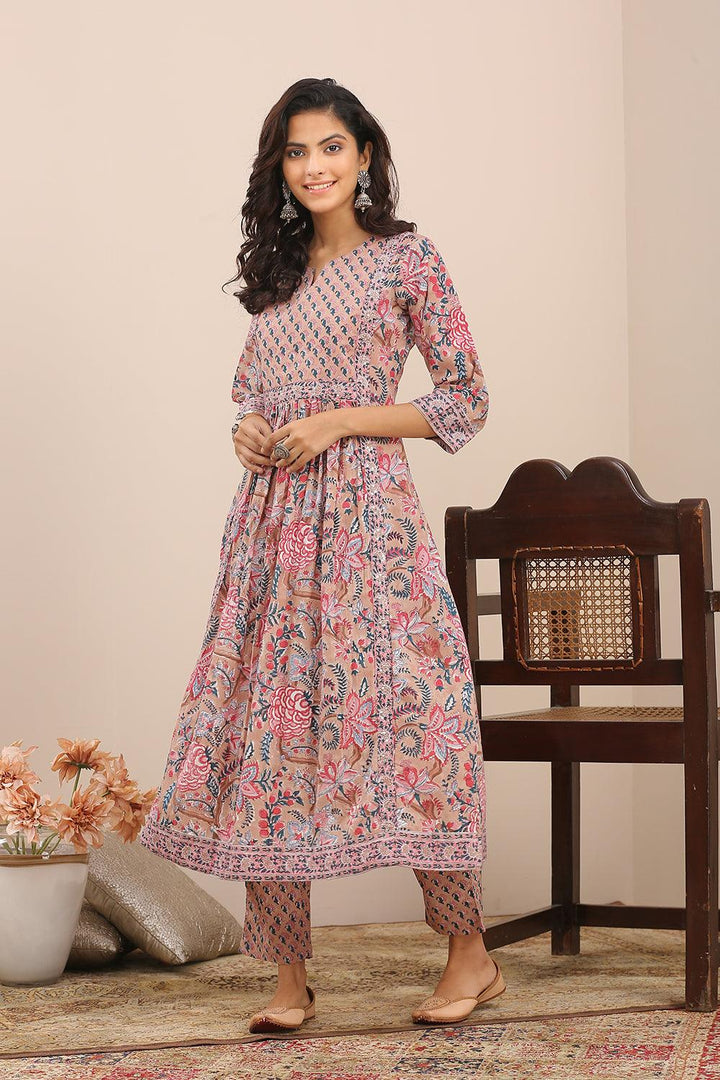 Brown Pink Hand Block Printed A Line Kurta - Tahiliya