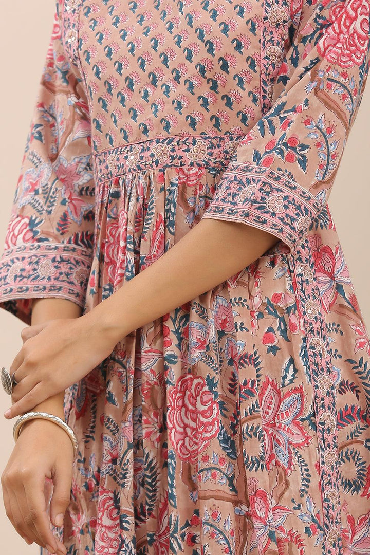 Brown Pink Hand Block Printed A Line Kurta - Tahiliya