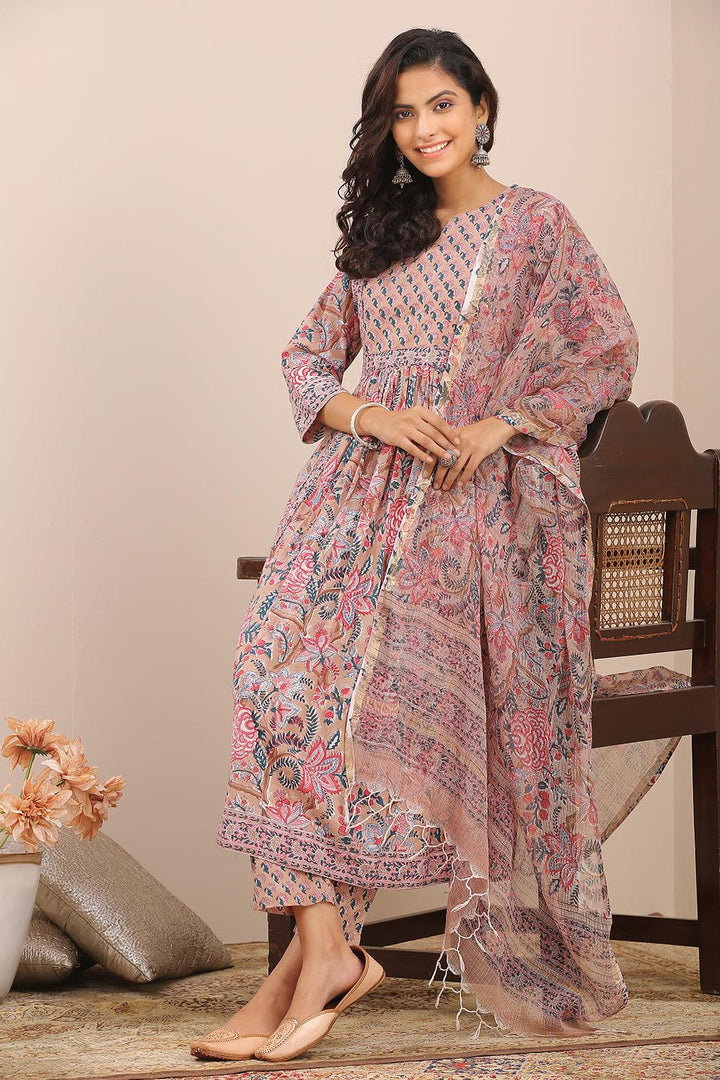 Brown Pink Hand Block Printed A Line Kurta - Tahiliya