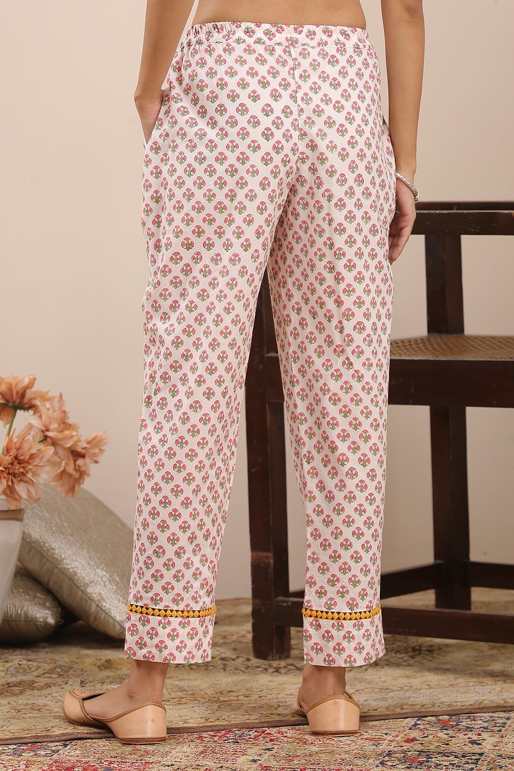 White Hand Block Printed Farsi Narrow Pants