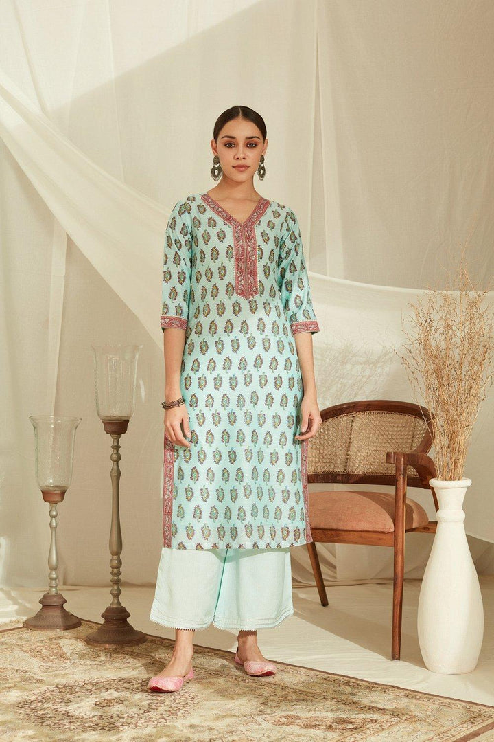 Blue Hand Block Printed Chanderi Kurta - Tahiliya