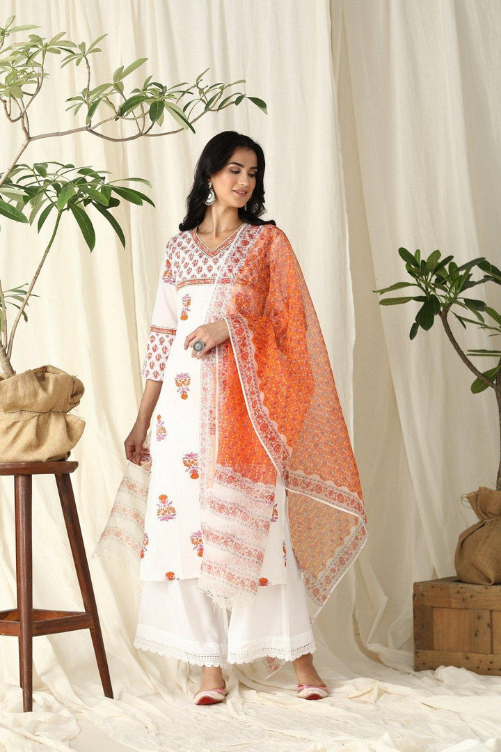 Orange Sanganeri Kota Printed Dupatta - Tahiliya